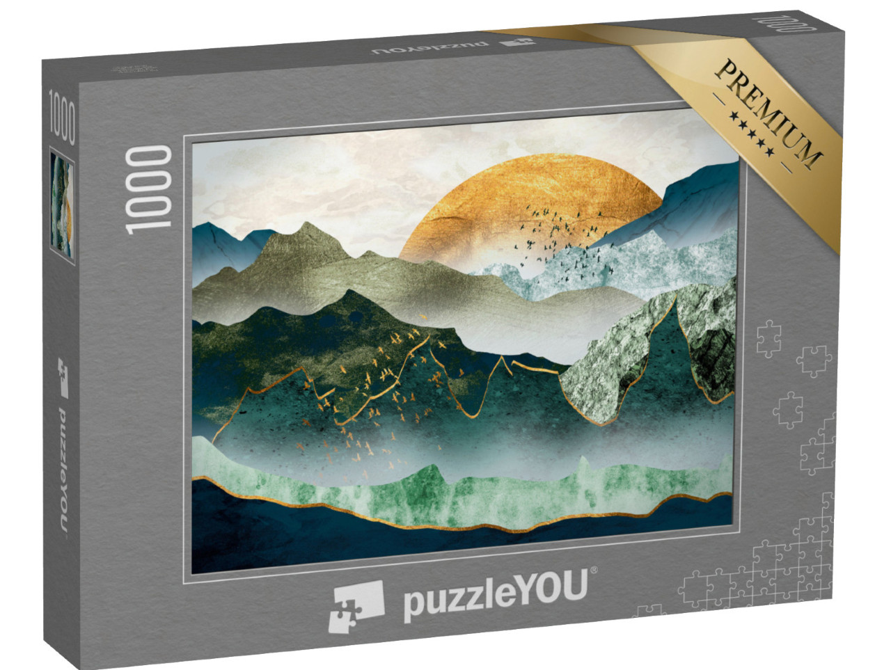 puzzle 1000 dílků „Zelenozlaté hory při západu slunce, hejno ptáků“