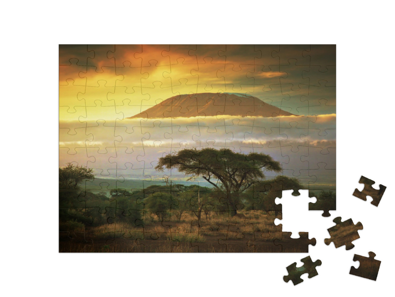 puzzle 100 dílků „avana a mraky na Kilimandžáru v Amboseli, Keňa, Afrika“