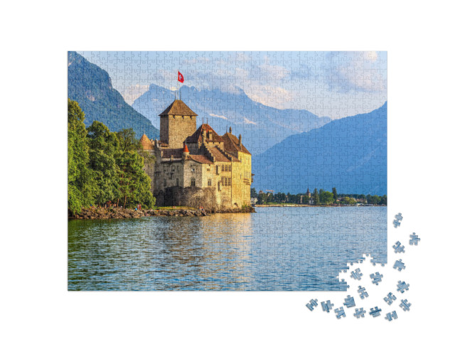 puzzle 1000 dílků „Západ slunce nad hradem Chillon u Ženevského jezera“