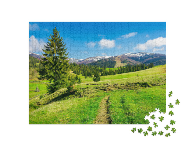 puzzle 1000 dílků „Hory na jaře, svěží les a louka“