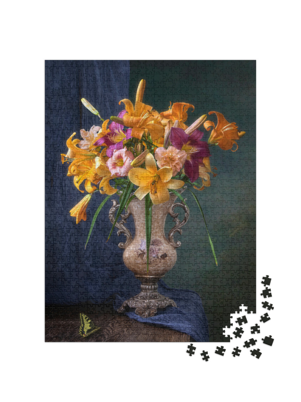 puzzle 1000 dílků „Zátiší se žlutými liliemi a květy denivek“