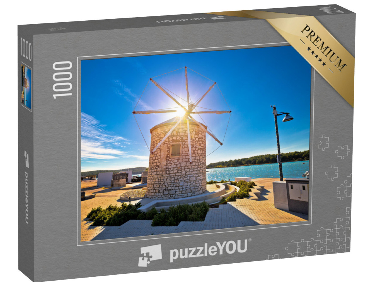 puzzle 1000 dílků „Město Medulin: Větrný mlýn a pohled na vodu, Istrie, Chorvatsko“
