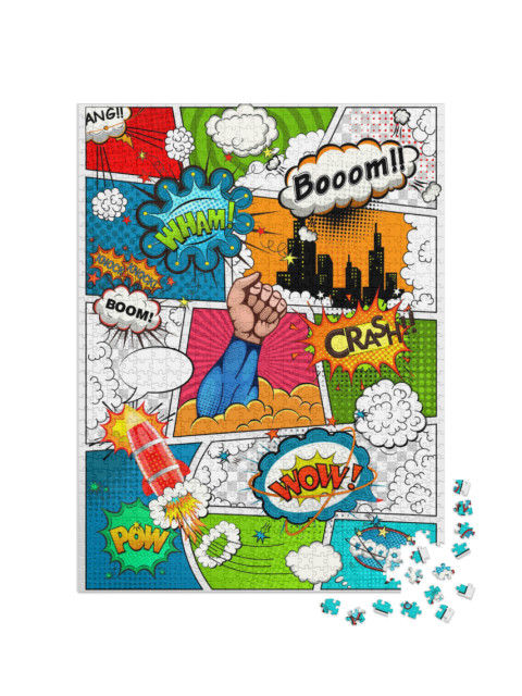 puzzle 1000 dílků „Komiksová stránka rozdělená řádky s bublinami řeči, raketou, superhrdiny“