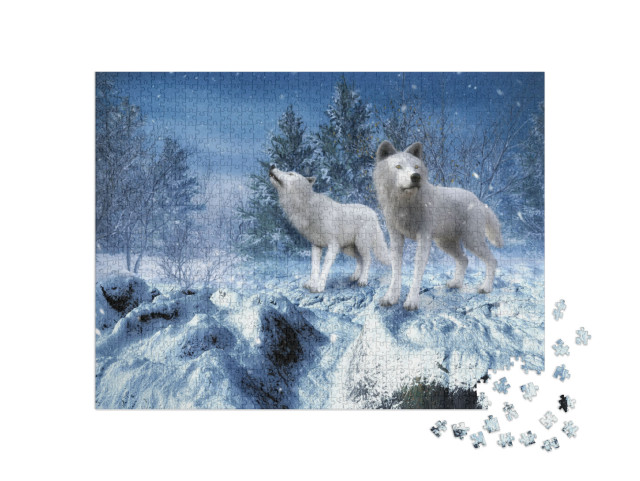 puzzle 1000 dílků „Zimní krajina se dvěma bílými vlky“
