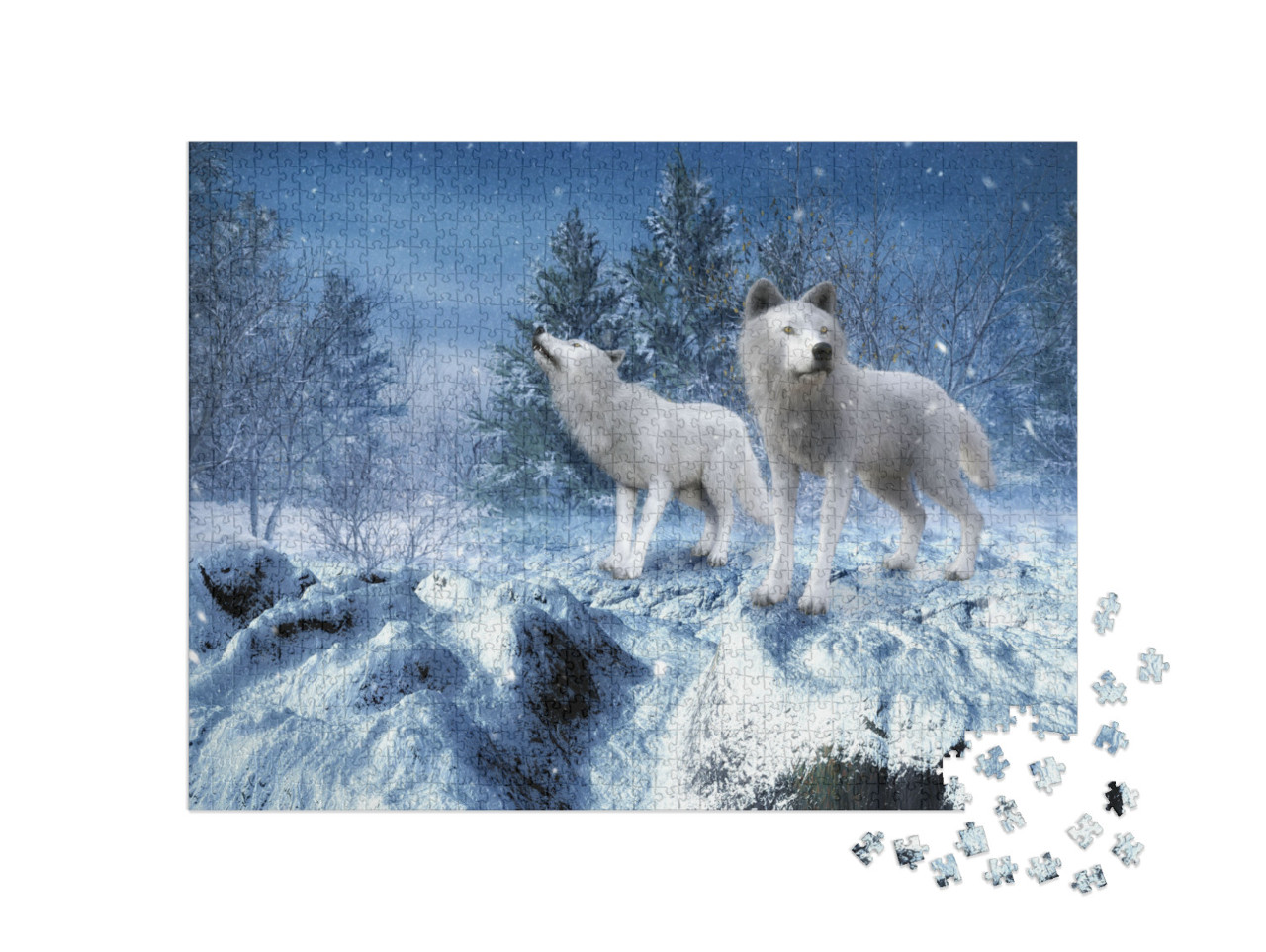 puzzle 1000 dílků „Zimní krajina se dvěma bílými vlky“