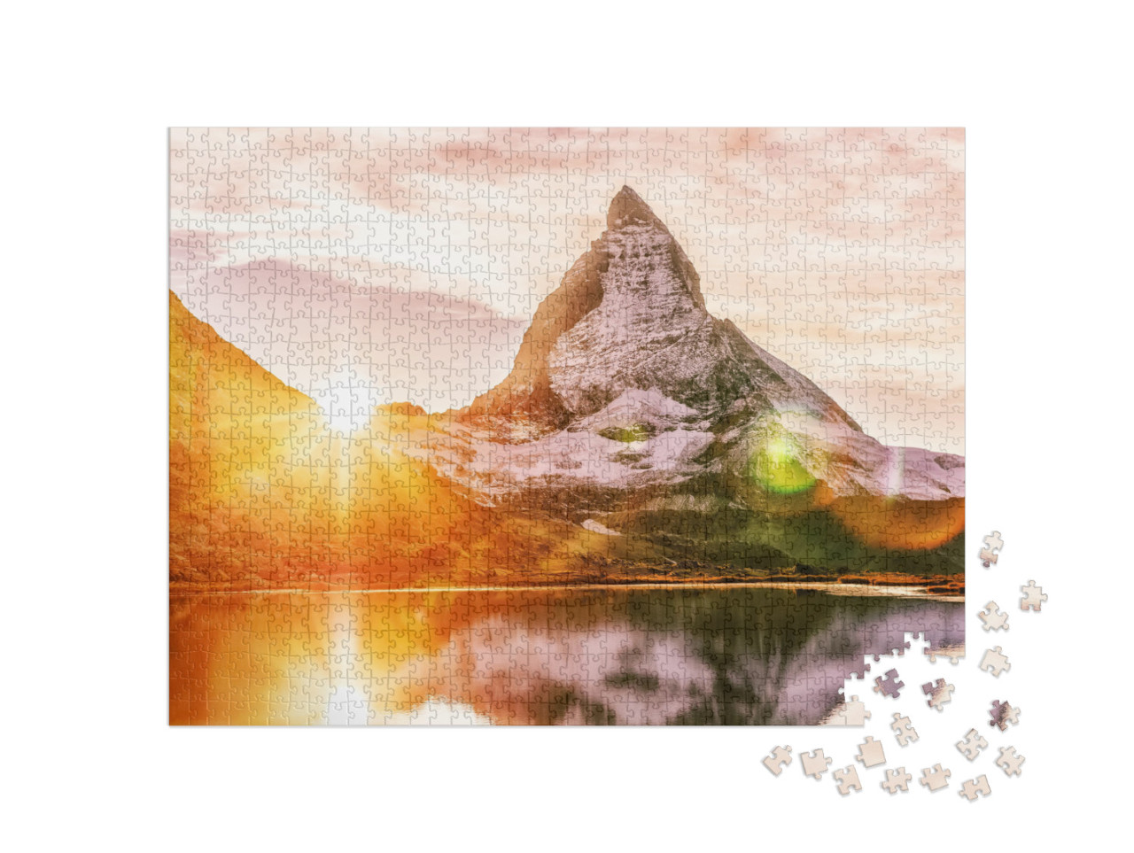 puzzle 1000 dílků „Západ slunce na Matterhornu nad Riffelsee, Švýcarsko“