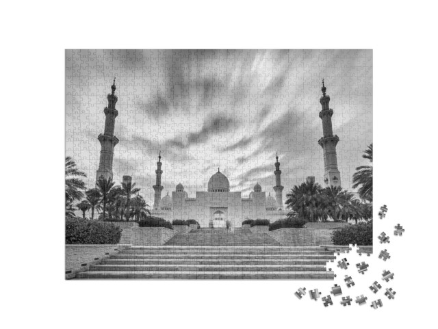 puzzle 1000 dílků „Velká mešita šejka Zayeda v černé a bílé, Abú Dhabí, Spojené arabské emiráty“