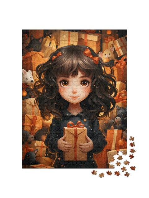 puzzle 1000 dílků „Dívka obklopená mnoha vánočními dárky“