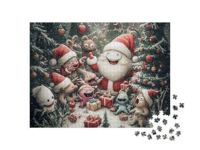 puzzle 1000 dílků „Roztomilé příšerky a lesní duchové slaví Vánoce v lese“