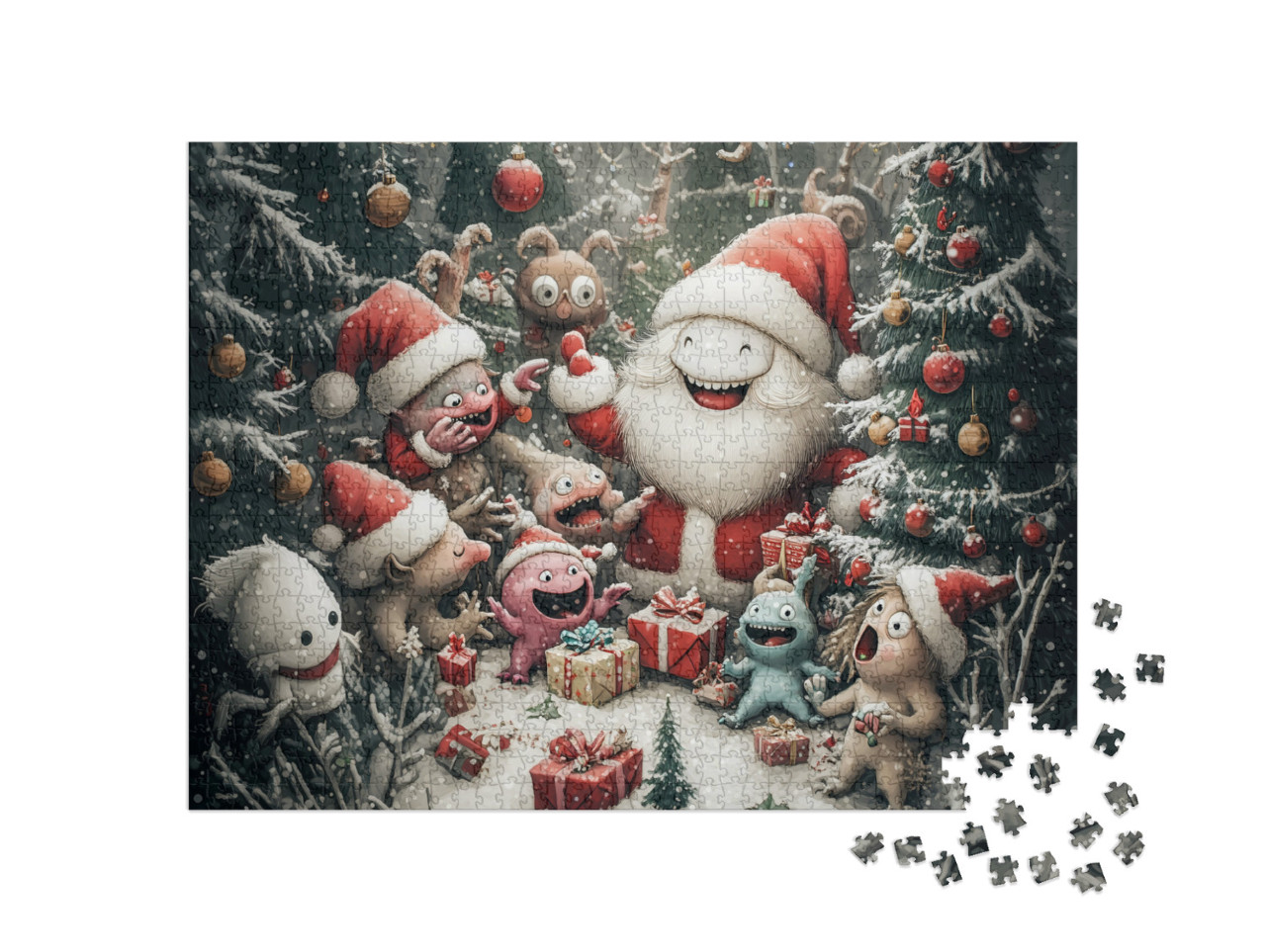 puzzle 1000 dílků „Roztomilé příšerky a lesní duchové slaví Vánoce v lese“