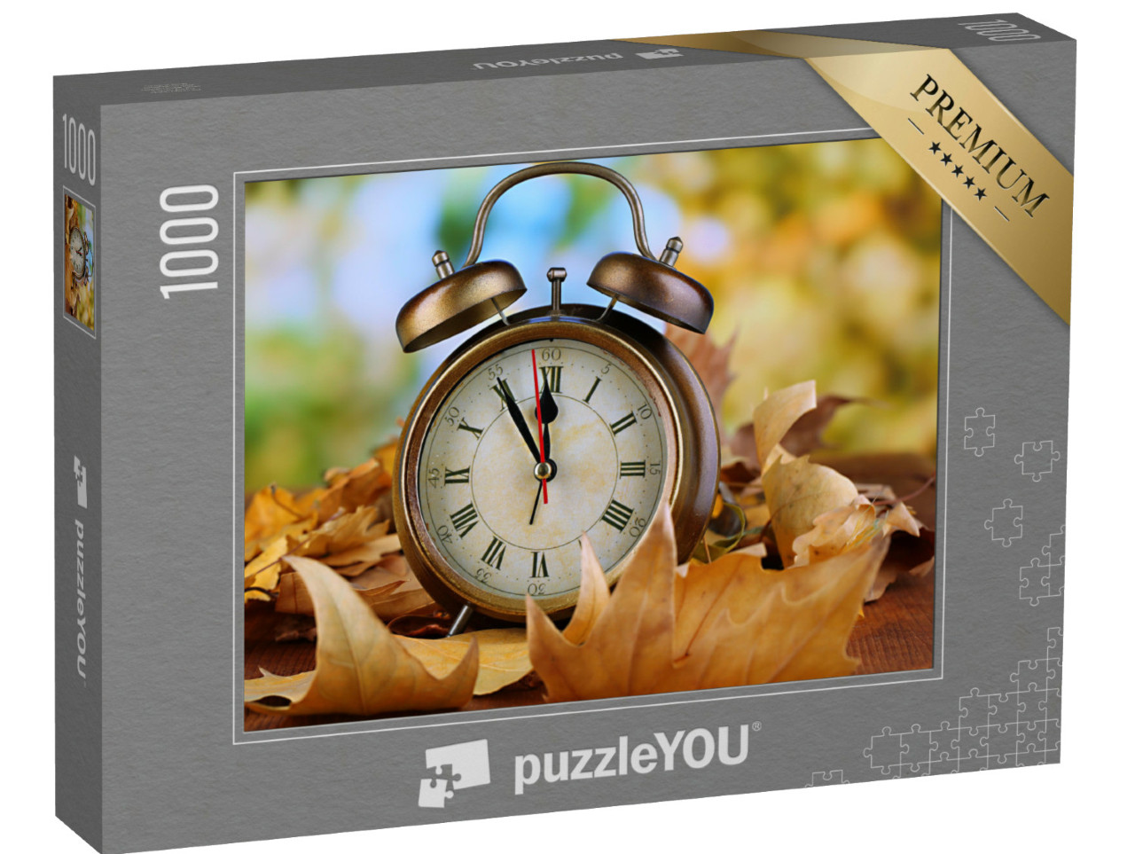 puzzle 1000 dílků „Staré hodiny na podzimním listí“