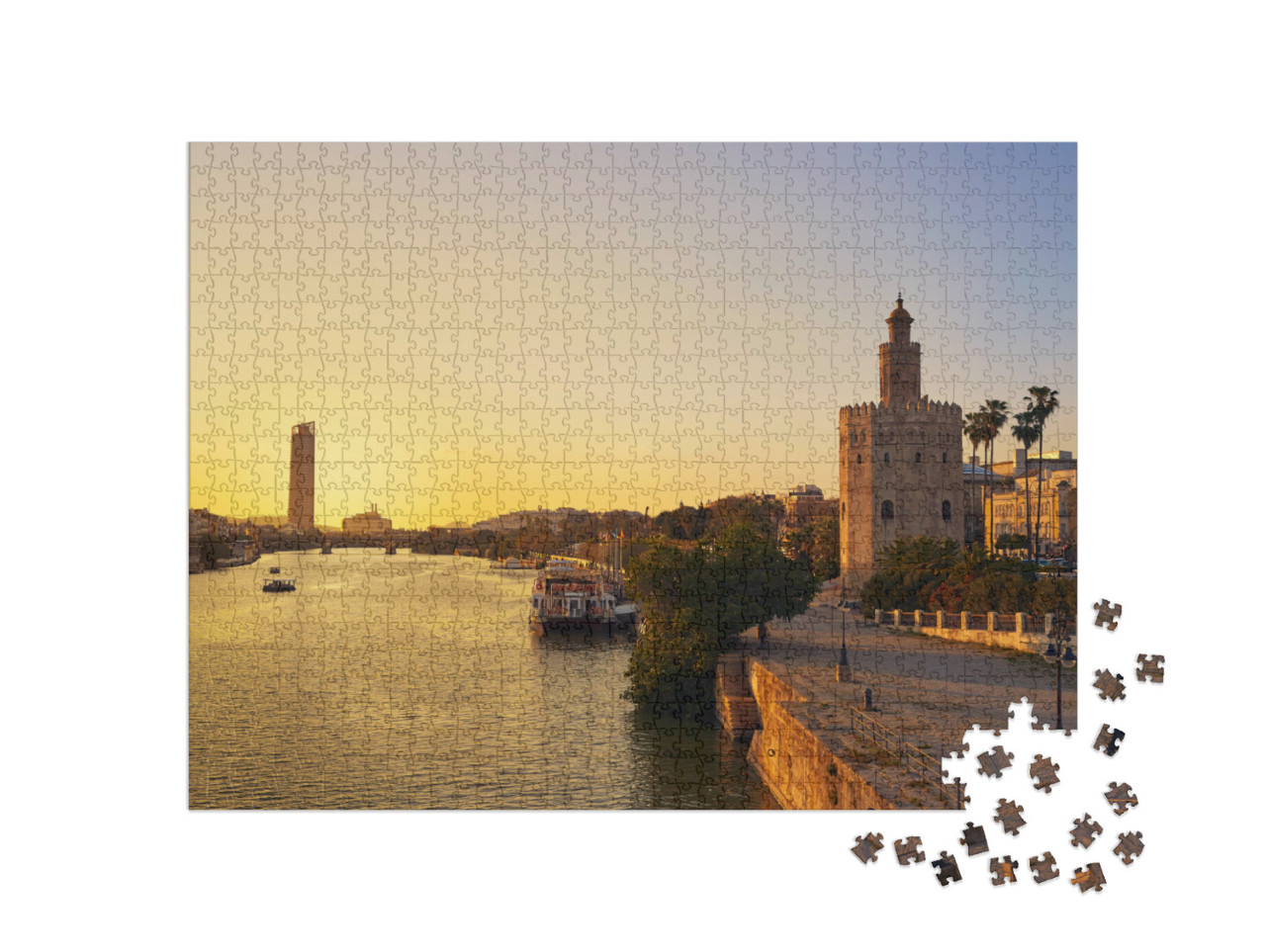 puzzle 1000 dílků „Západ slunce nad Sevillou: Torre del Oro, Španělsko“