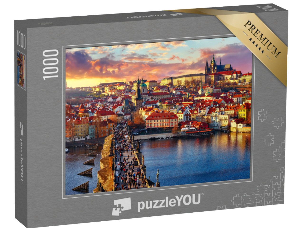 puzzle 1000 dílků „Panoramatický pohled na Karlův most, Pražský hrad a řeku shora“