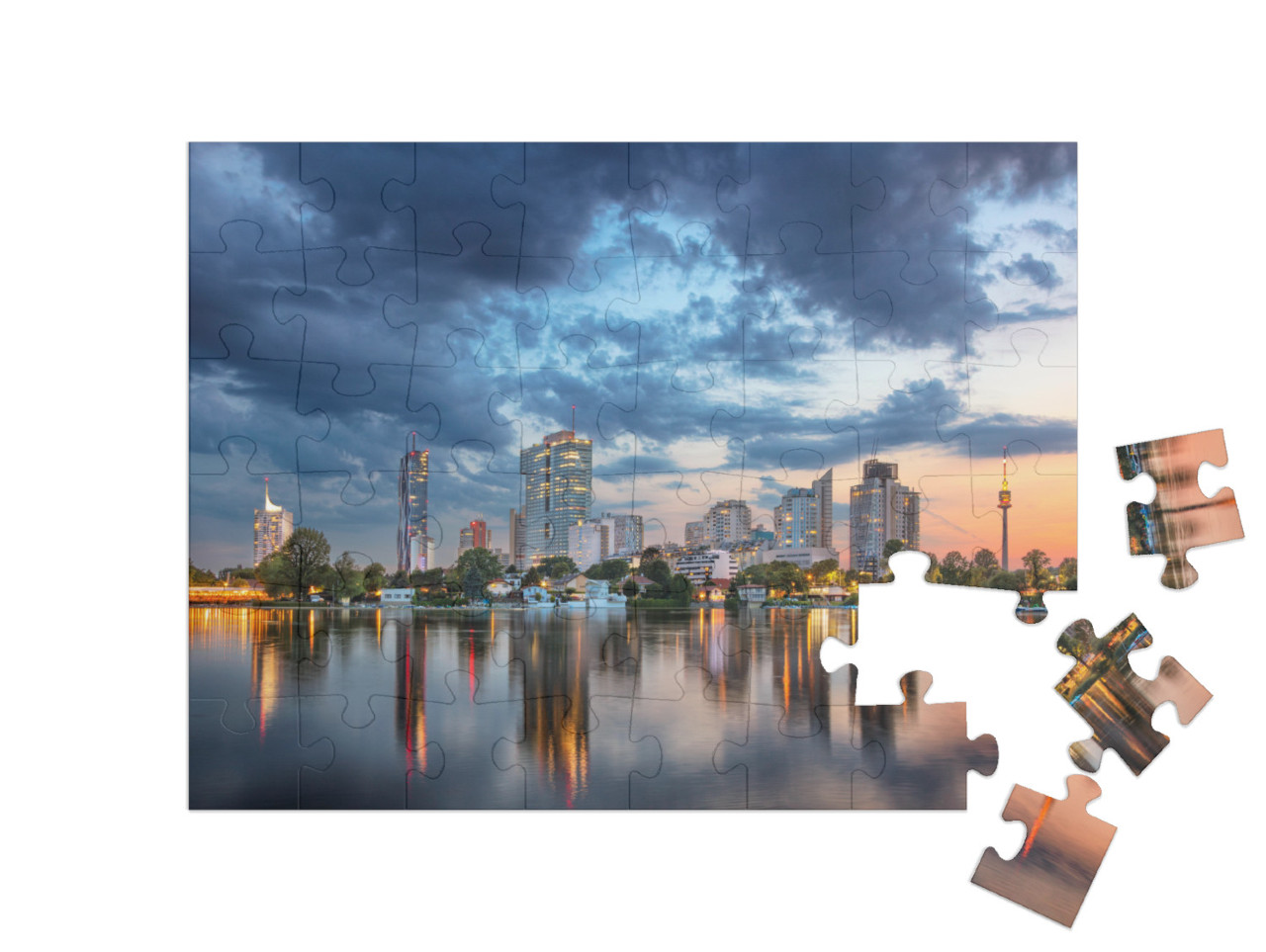 puzzle 48 dílků „Vídeň, Rakousko. Panoramatická krajina rakouského hlavního města Vídně při západu slunce“