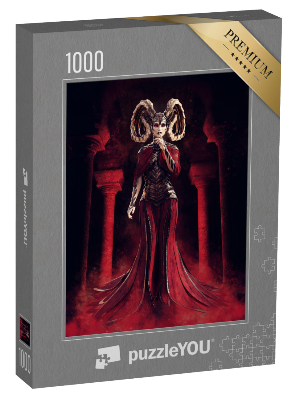puzzle 1000 dílků „Fantasy čarodějka v červených šatech v kamenném chrámu“