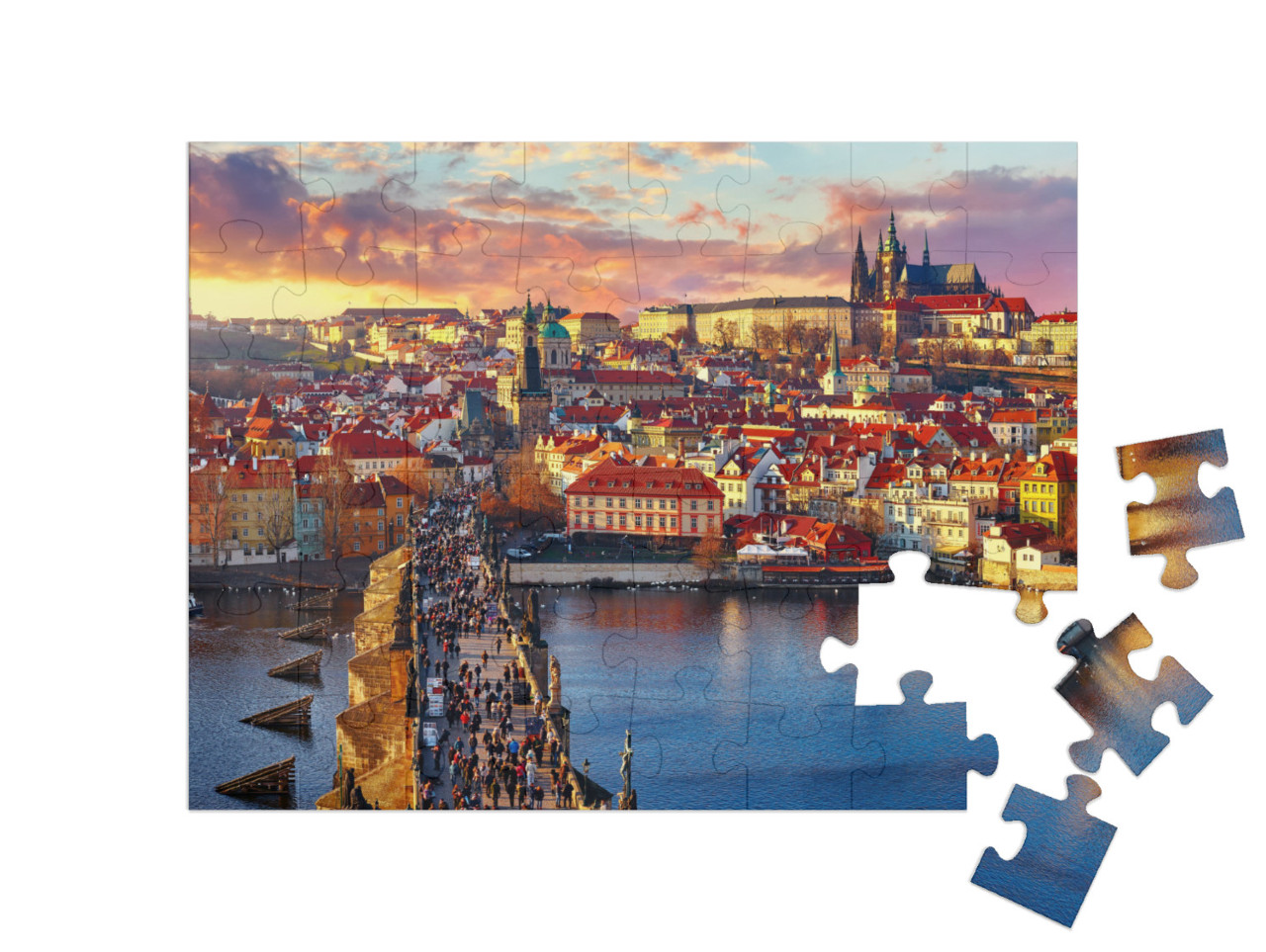 puzzle 48 dílků „Panoramatický pohled na Karlův most, Pražský hrad a řeku shora“