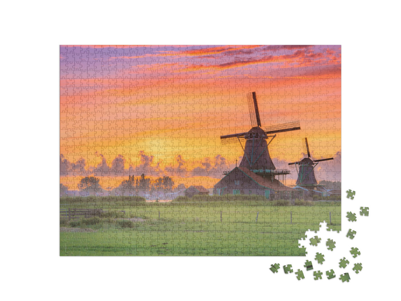 puzzle 1000 dílků „Větrné mlýny při západu slunce, Nizozemsko“