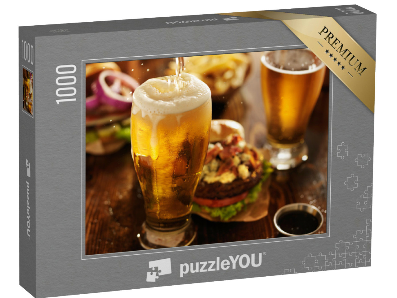 puzzle 1000 dílků „Nalévání piva do skla s hamburgery pro labužníky...“