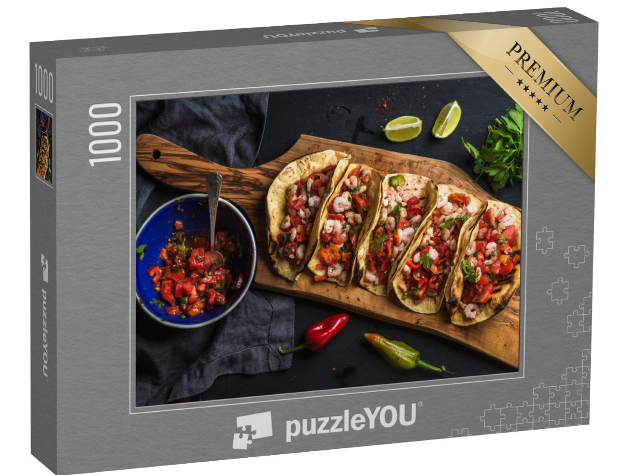 puzzle 1000 dílků „Mexická kuchyně: Krevetové tacos s domácí salsou“