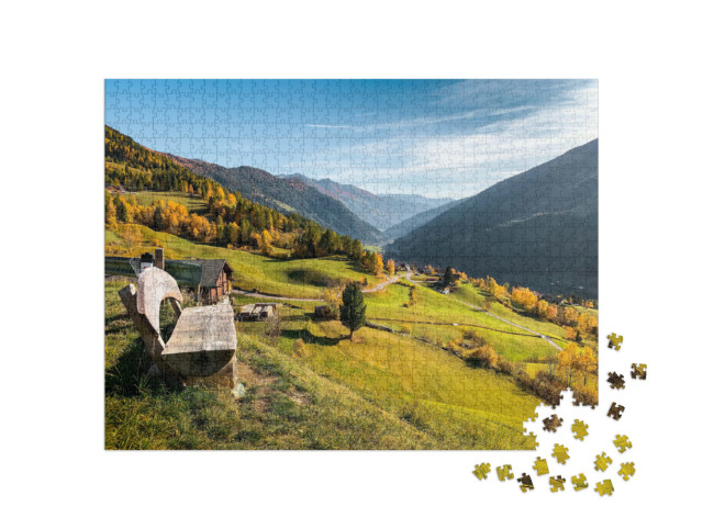 puzzle 1000 dílků „Dřevěná lavička v rakouských horách“