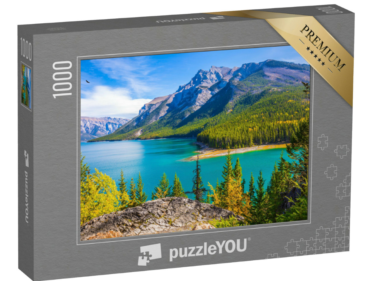puzzle 1000 dílků „Jezero Two Jack: Voda a jehličnaté lesy, Skalisté hory, Kanada“