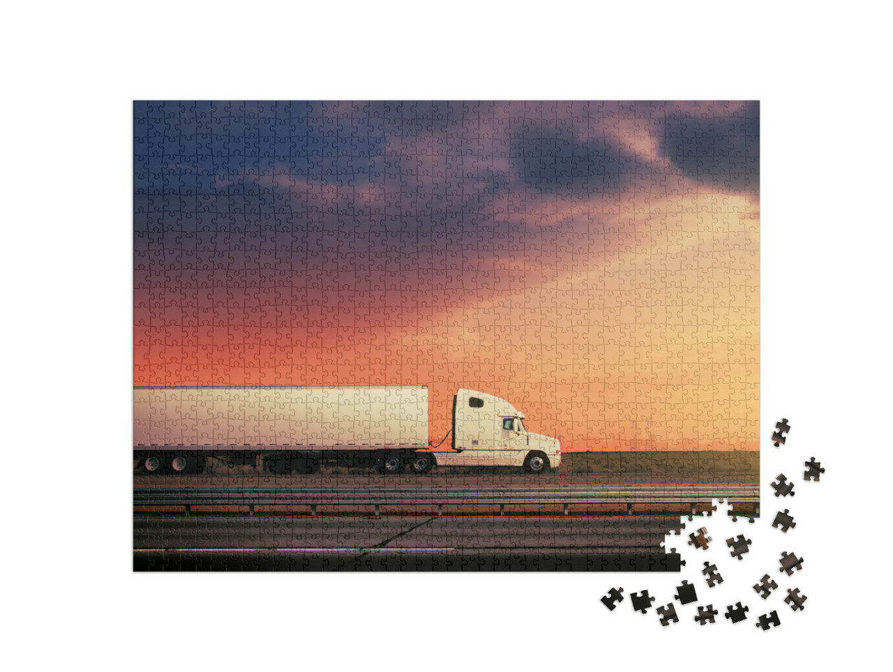puzzle 1000 dílků „Bílý kamion na dálnici se západem slunce“