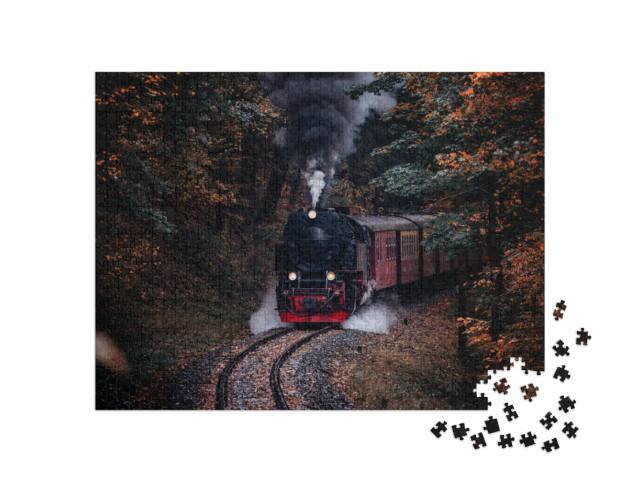puzzle 1000 dílků „Parní lokomotiva projíždí temným podzimním lesem“