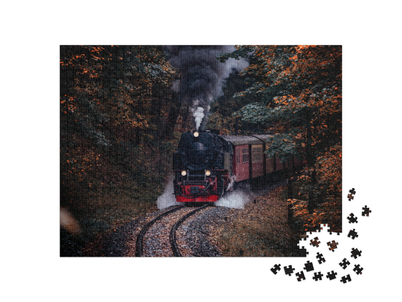 puzzle 1000 dílků „Parní lokomotiva projíždí temným podzimním lesem“