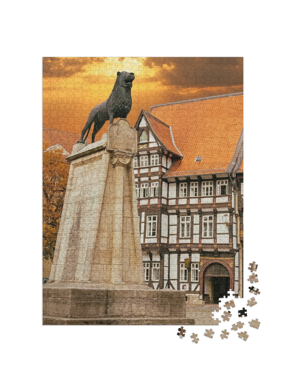 puzzle 1000 dílků „Socha lva a starý hrázděný dům v Braunschweigu, Německo“