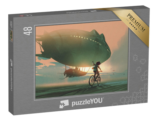 puzzle 48 dílků „Cyklistické dítě mává za vzducholodí“