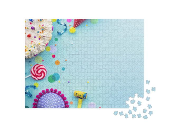 puzzle 1000 dílků „Barevné pozadí narozeninové oslavy s narozeninovým dortem a...“