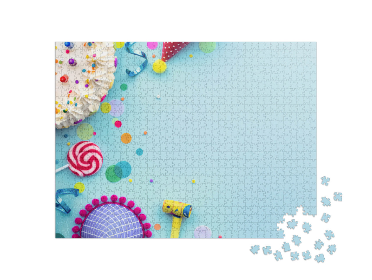 puzzle 1000 dílků „Barevné pozadí narozeninové oslavy s narozeninovým dortem a...“