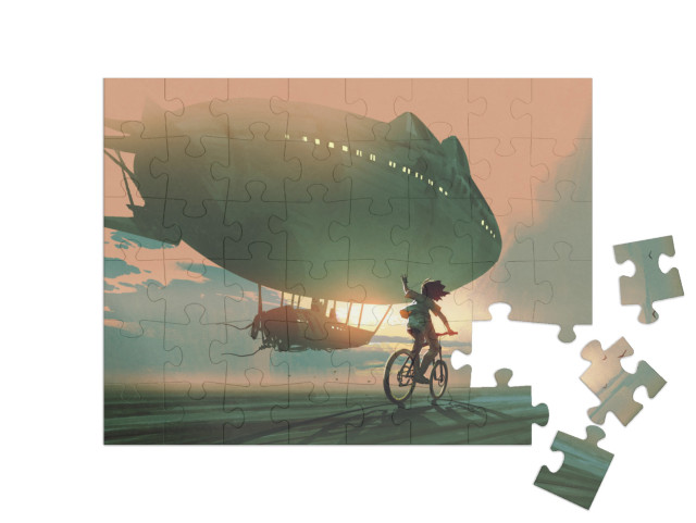 puzzle 48 dílků „Cyklistické dítě mává za vzducholodí“