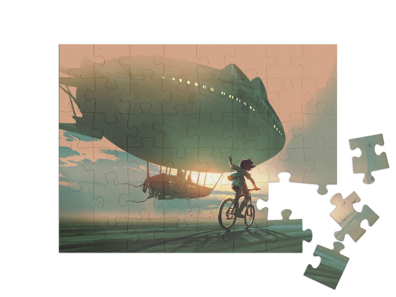 puzzle 48 dílků „Cyklistické dítě mává za vzducholodí“
