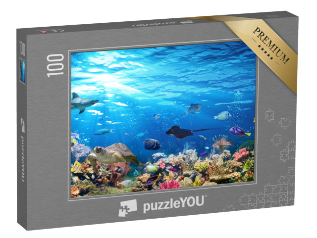 puzzle 100 dílků „Podmořská scéna s korálovým útesem, rybami, žraloky, želvou a mantou“