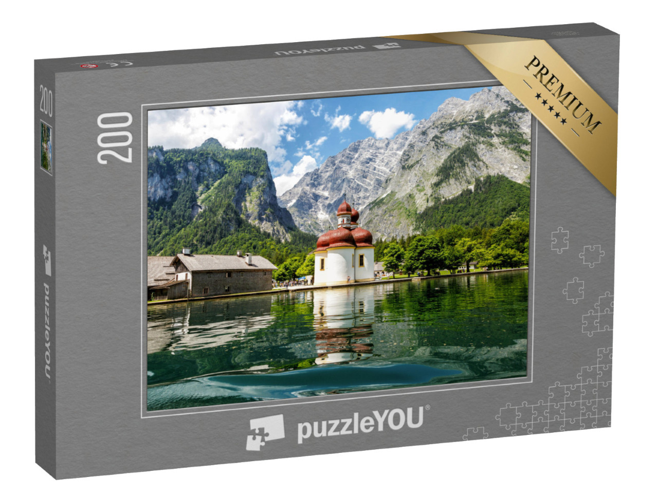 puzzle 200 dílků „Pohled na kostel svatého Bartoloměje od jezera Königssee, Bavorsko“