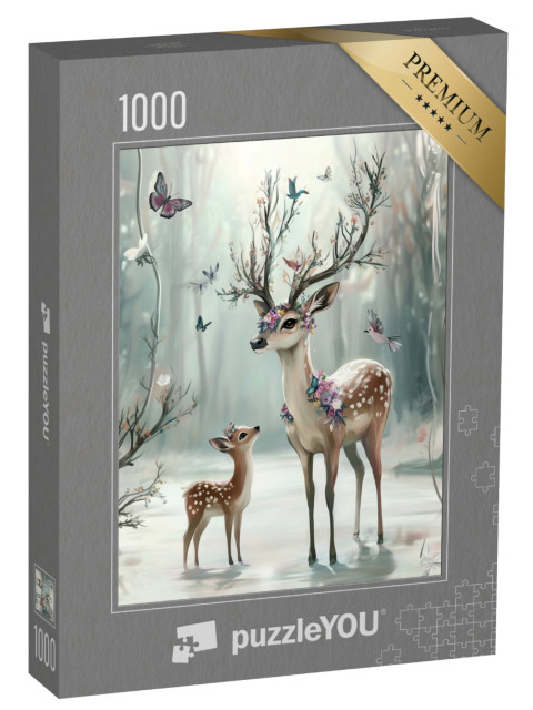 puzzle 1000 dílků „Kouzelní jeleni v zimním lese“
