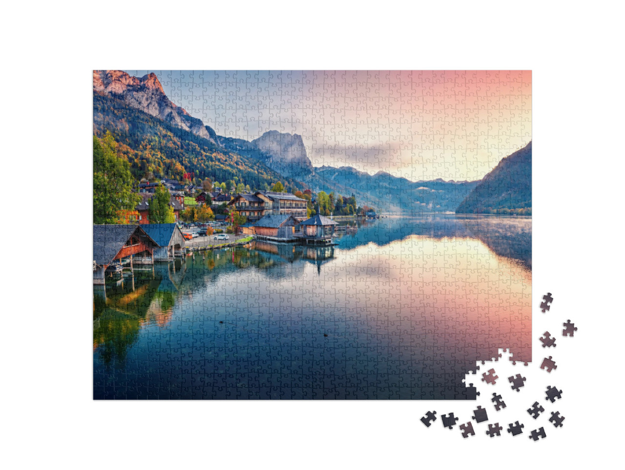 puzzle 1000 dílků „Krásný východ slunce u jezera Grundlsee, okres Liezen, Rakousko“