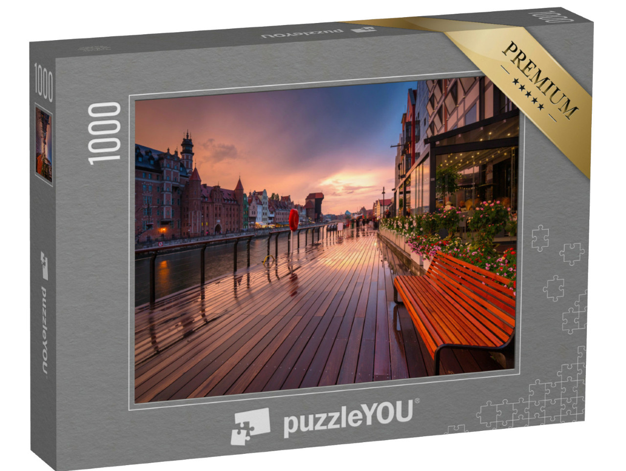 puzzle 1000 dílků „Gdaňsk s krásným starým městem na řece Motlavě při západu slunce, Polsko“