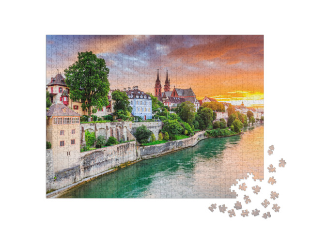 puzzle 1000 dílků „Staré město Basilej s červenou katedrálou na Rýně, Švýcarsko“