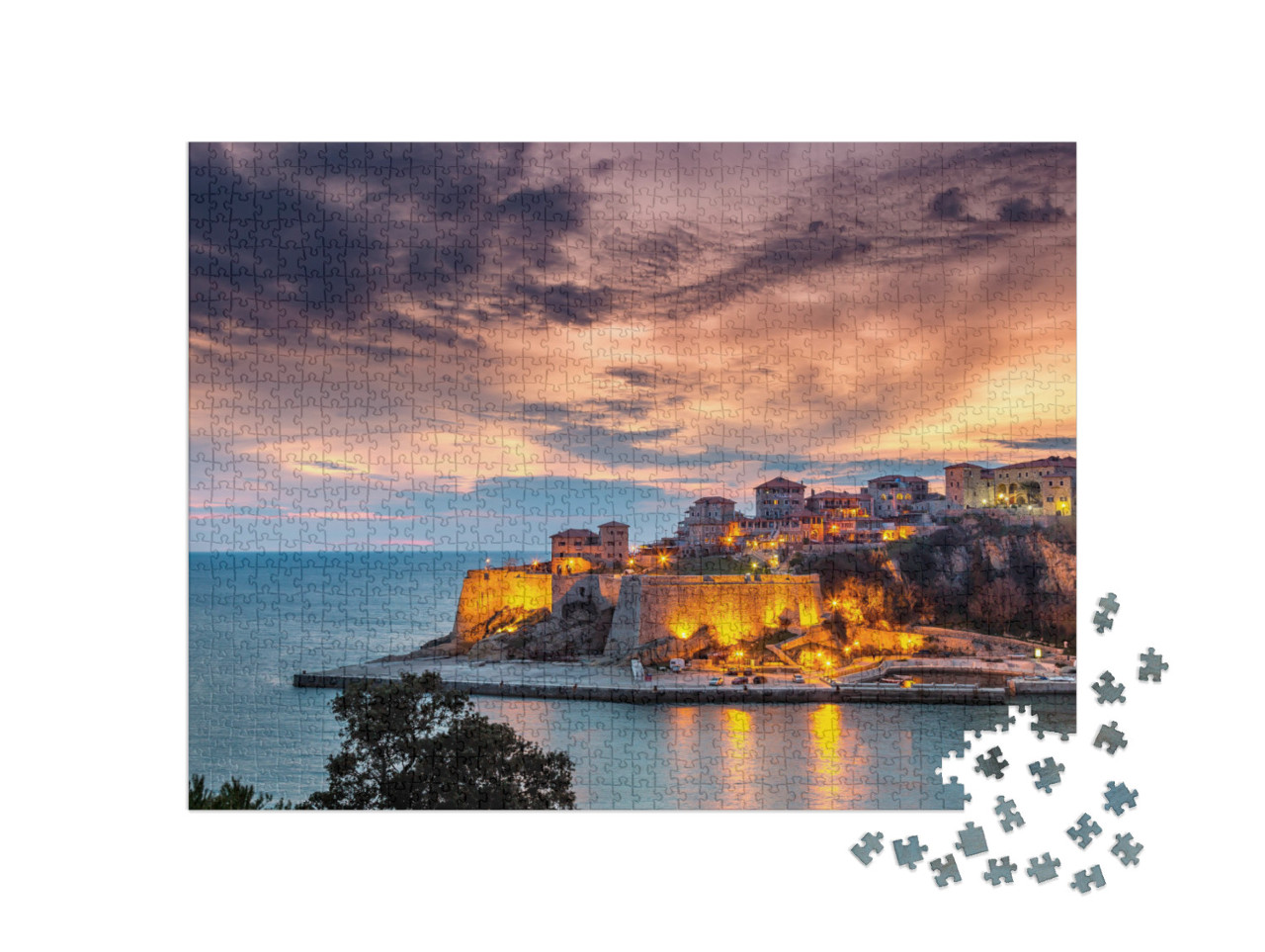 puzzle 1000 dílků „Staré město a pevnost Ulcinj, Jaderské moře, Černá Hora“