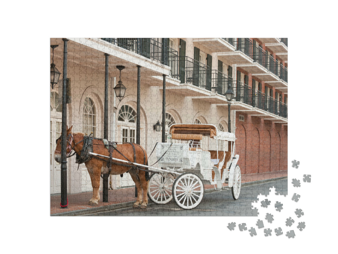 puzzle 1000 dílků „Elegantní kočár tažený koňmi ve Francouzské čtvrti, New Orleans“