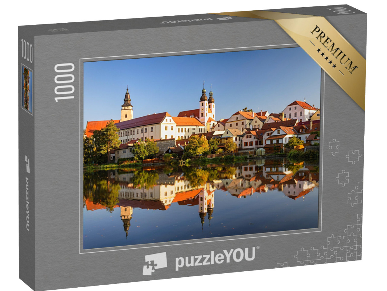 puzzle 1000 dílků „Pohled na Telč přes rybník s odrazy, jižní Morava, Česká republika“