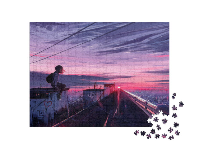 puzzle 1000 dílků „Estetická ilustrace dívky sedící na střeše“