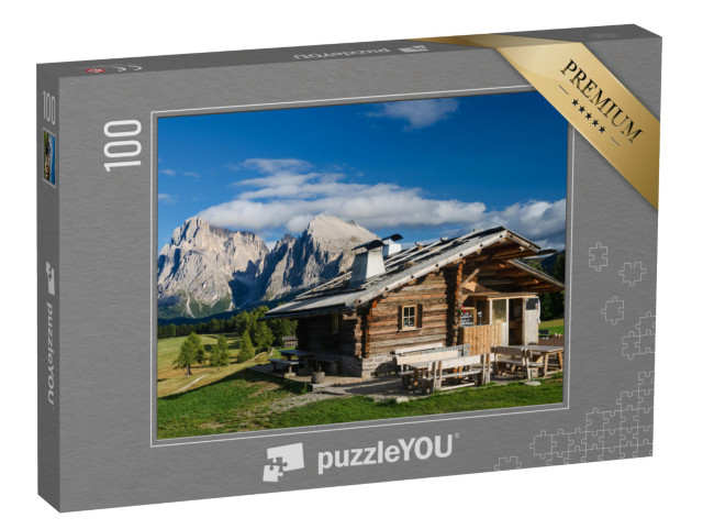 puzzle 100 dílků „Chata na Seiser Alm s Plattkofelem a Langkofelem, Jižní Tyrolsko“