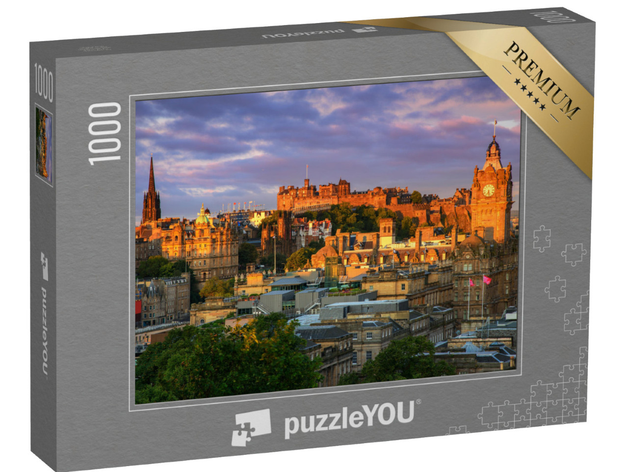 puzzle 1000 dílků „Červený a zlatý západ slunce nad Edinburghem ve Skotsku.“