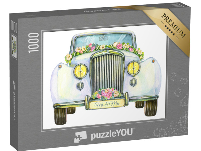 puzzle 1000 dílků „Svatební historické bílé auto, pohled zepředu. Akvarel“