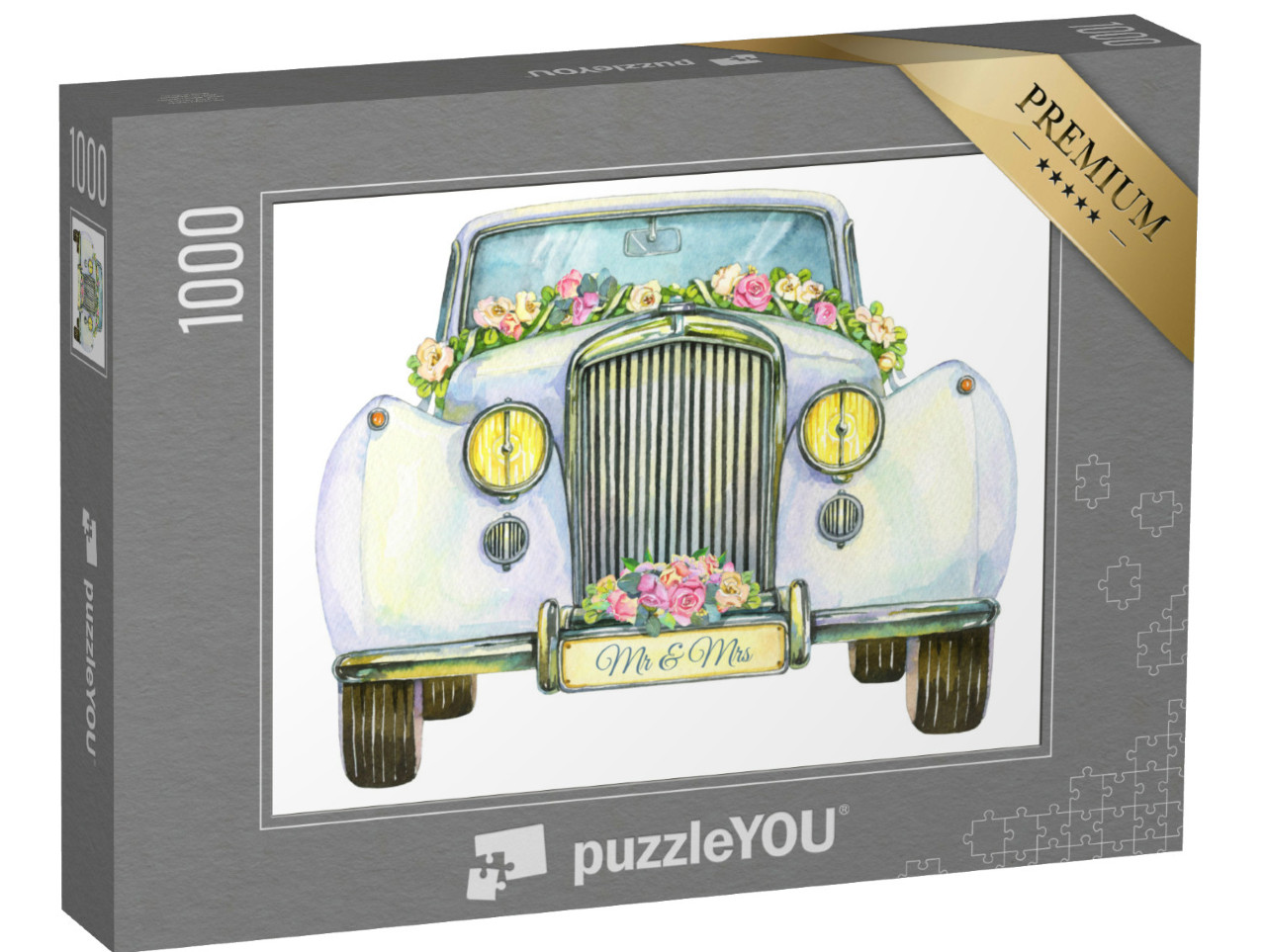 puzzle 1000 dílků „Svatební historické bílé auto, pohled zepředu. Akvarel“
