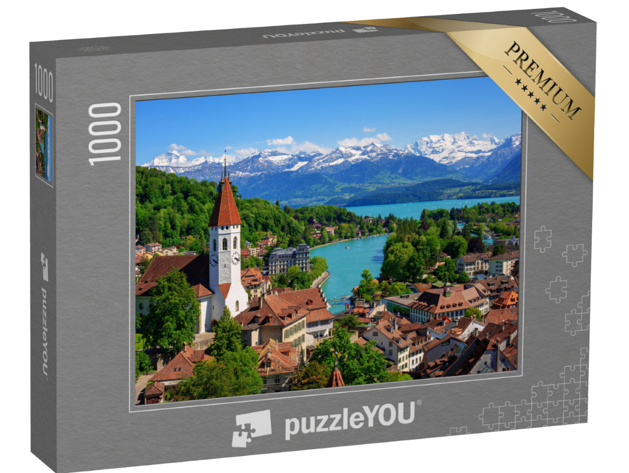 puzzle 1000 dílků „Malebné městečko Thun u Thunského jezera, kanton Bern, Švýcarsko“