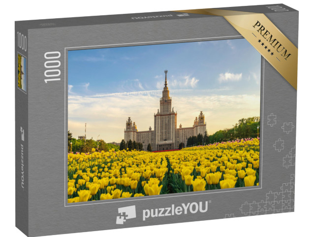 puzzle 1000 dílků „Jarní rozkvět tulipánů na Moskevské státní univerzitě, Moskva, Rusko“